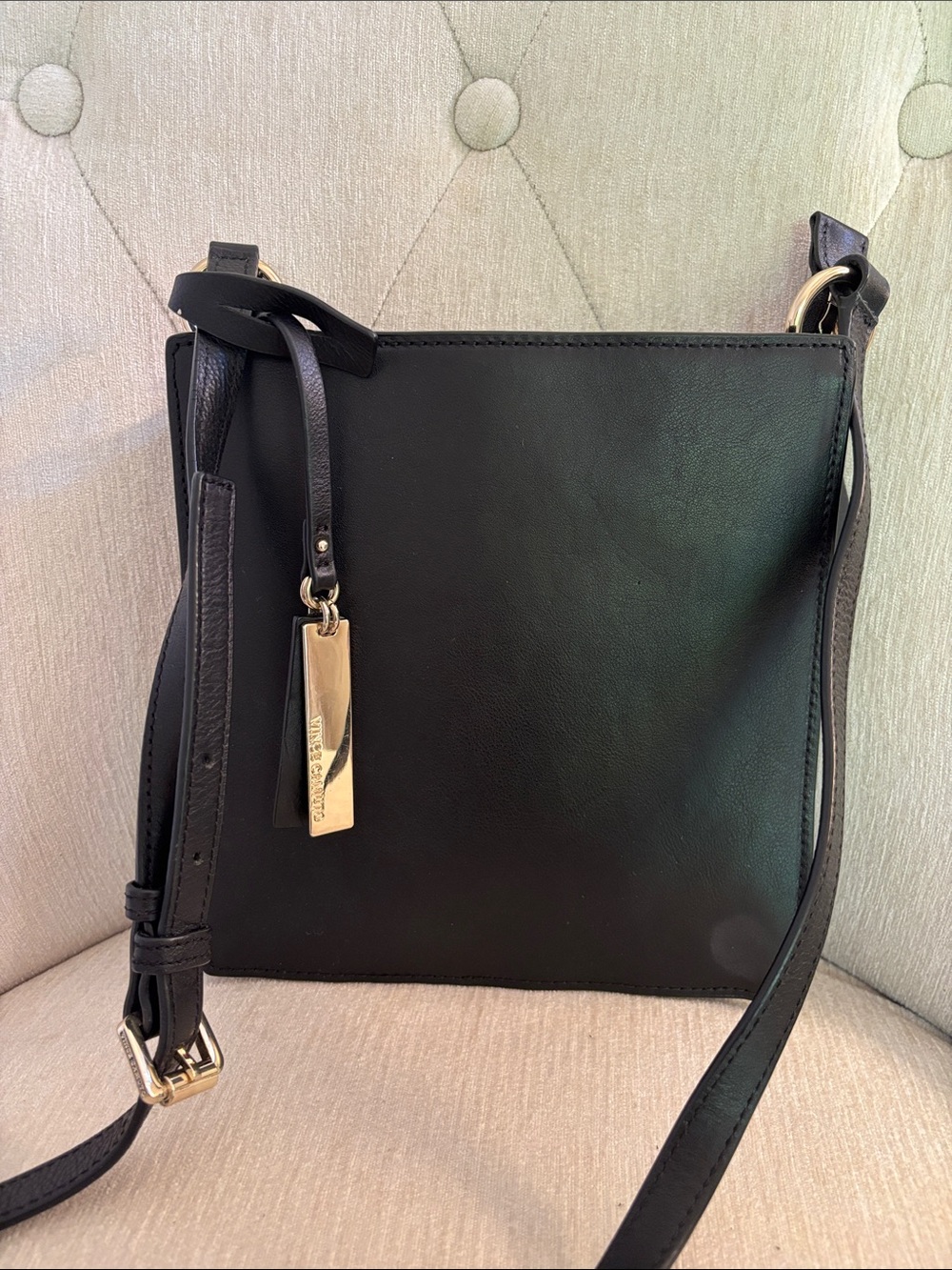 Vince Camuto Black Leather Crossbody with Gold Tag